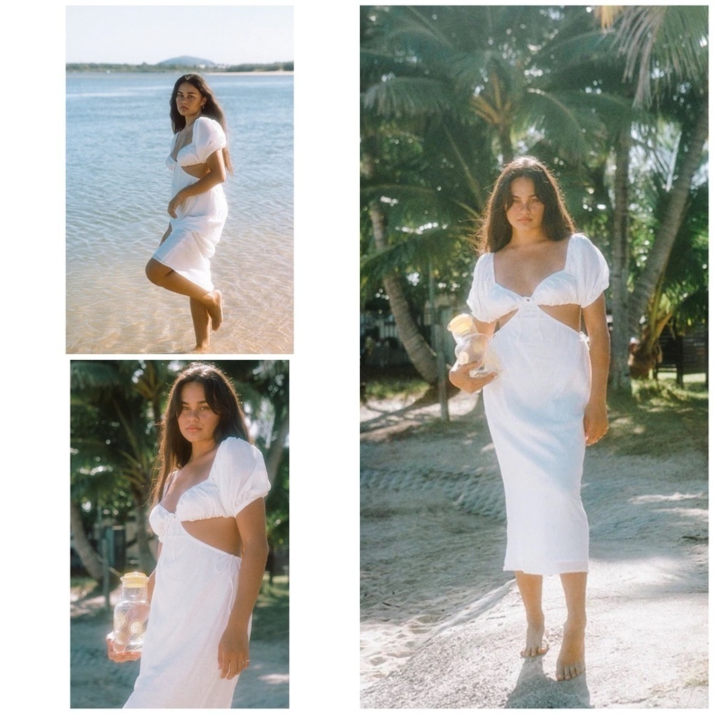 Sabo Skirt Neena Cut Out Boho Peasant Bow Tied Linen Blend White Midi Dress US 6